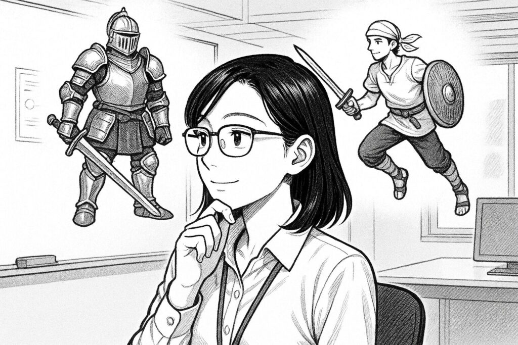 パソコンの画面上で、テーマとプラグインの相性について悩み、比較検討しているエンジニアの横顔の線画イラスト