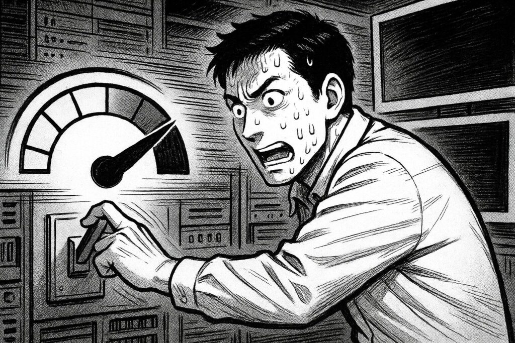 サーバーの負荷アラートが鳴り響く中、重たいプラグインを停止しようと焦って操作しているエンジニアの線画イラスト