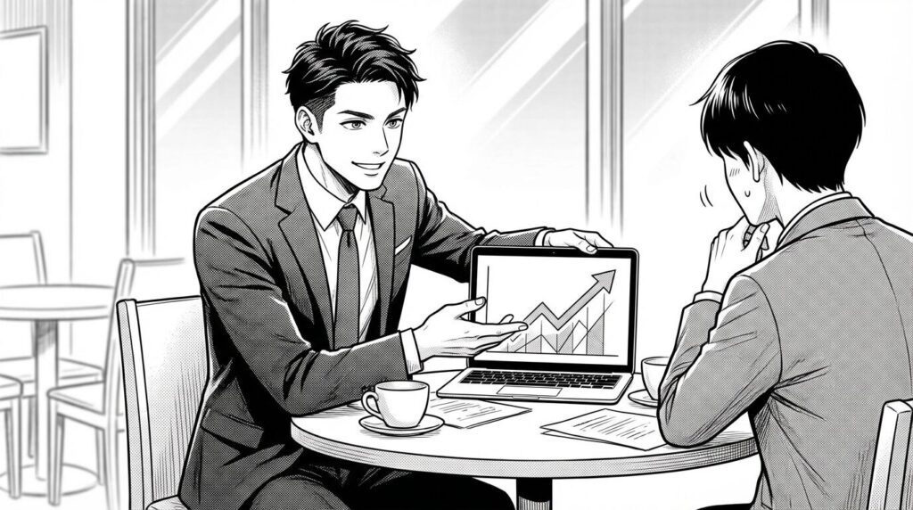 WordPressのダッシュボードに表示されたアクセス解析のグラフを指差しながら、クライアントに成果を報告しているシーンの線画イラスト