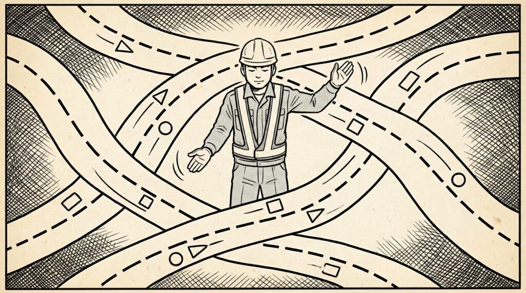 複雑な道路標識のようなリダイレクト設定を、プラグインの画面で整理して交通整理しているイメージの線画イラスト