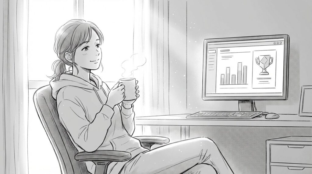 窓から朝日が差し込む部屋で、きれいに整理されたWordPressの管理画面と、上昇している検索順位のグラフを見て満足げなエンジニアの線画イラスト