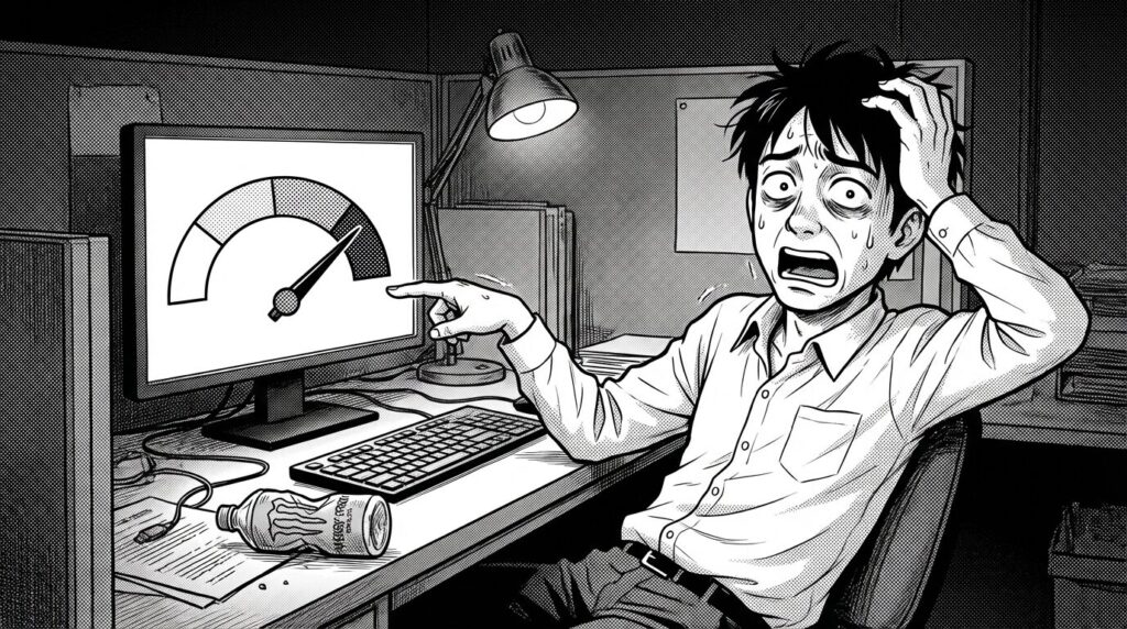 深夜のオフィスで、真っ赤なPageSpeed Insightsのスコアが表示されたモニターを見つめ、冷や汗をかきながら頭を抱えているエンジニアの線画イラスト