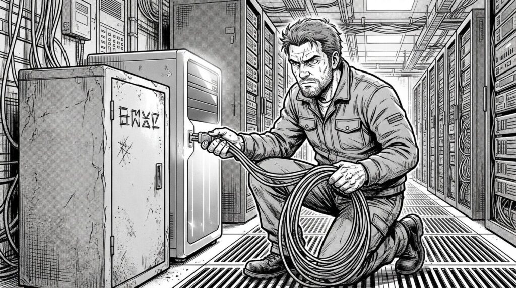 サーバーラックが並ぶデータセンターで、古いサーバーから新しいサーバーへケーブルを繋ぎ変える作業をしているエンジニアの線画イラスト