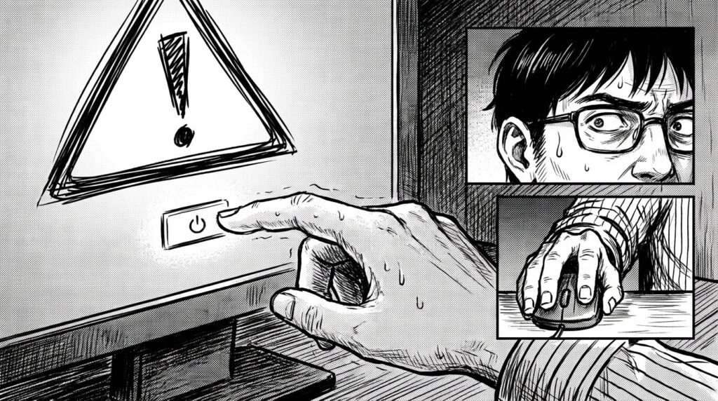 パソコン画面上でキャッシュプラグインの設定画面を開き、警告マークを見ながら慎重にチェックボックスを選択しているエンジニアの線画イラスト