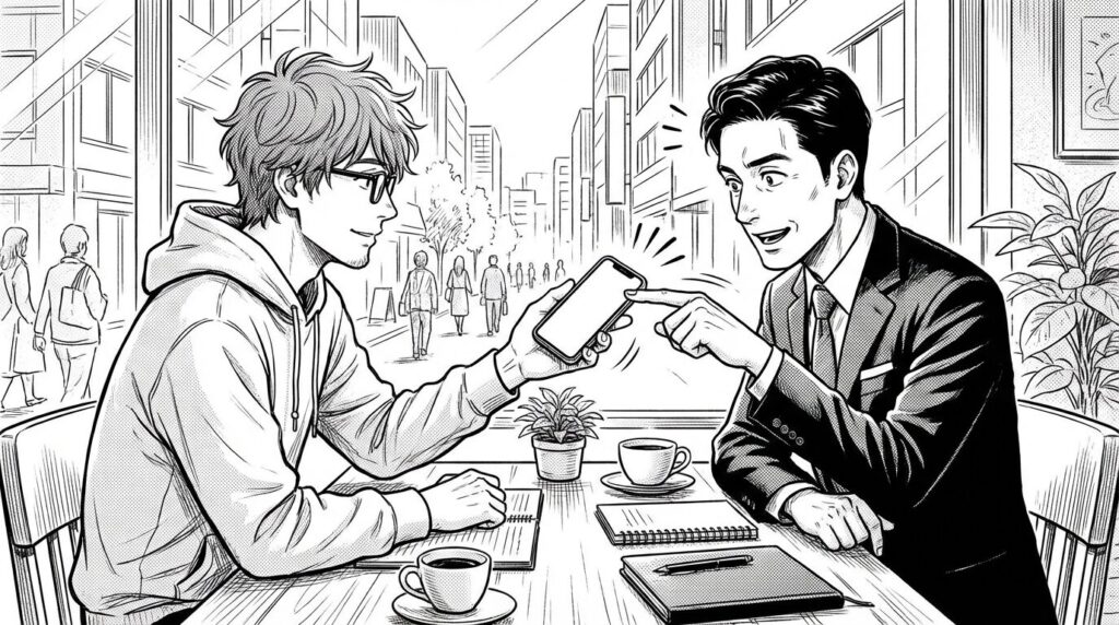 カフェでの打ち合わせ中、クライアントにスマホを渡して実際のサイトの表示速度を体感してもらい、納得してもらっているシーンの線画イラスト