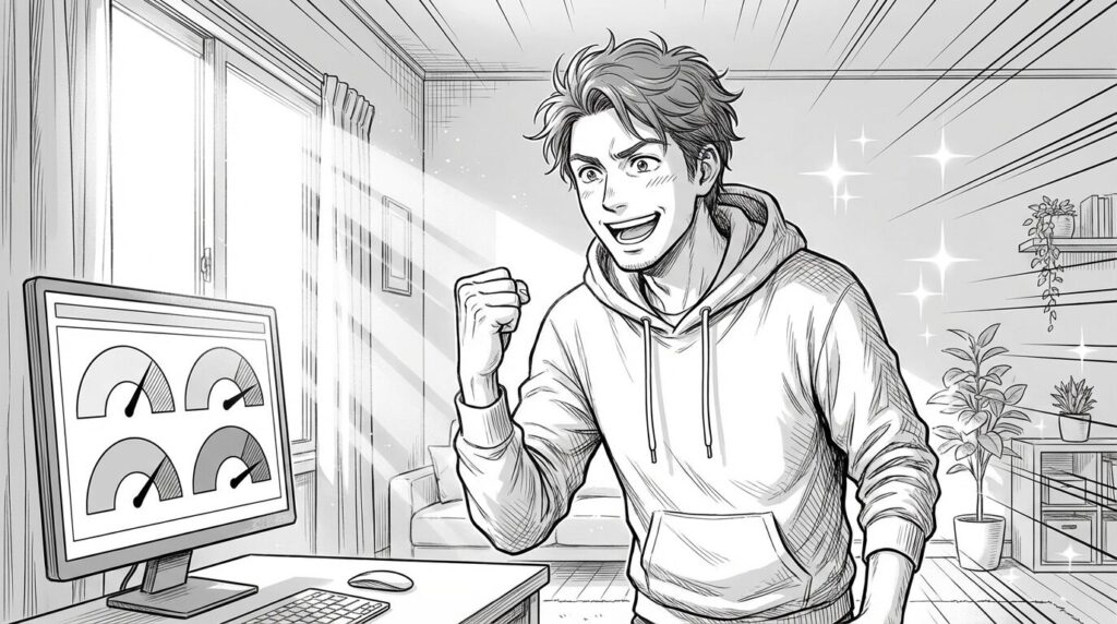 窓から朝日が差し込む部屋で、オールグリーンの高得点が表示された画面を見てガッツポーズをしているエンジニアの線画イラスト