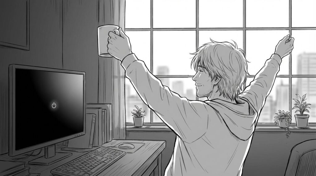 軽くなったサイトがサクサク表示される様子を見て、満足げにコーヒーを飲むエンジニアの線画イラスト