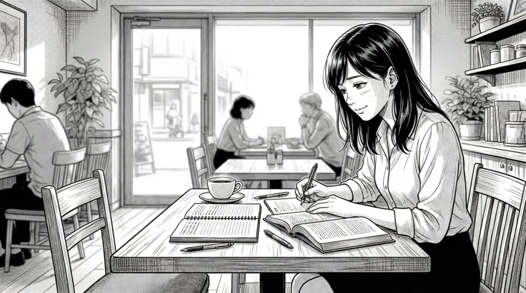 カフェでノートを広げG検定の勉強をしている