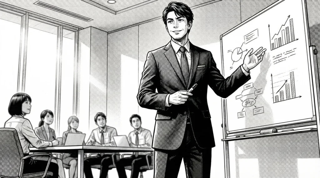 オフィスでプロジェクトメンバーとAIシステムの打ち合わせをしている