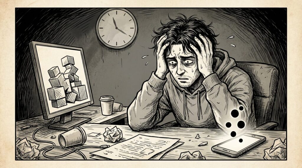 散らかったデスクでスマホの通知とPC画面のタスクを見比べながら頭を抱えている男性エンジニアの線画イラスト