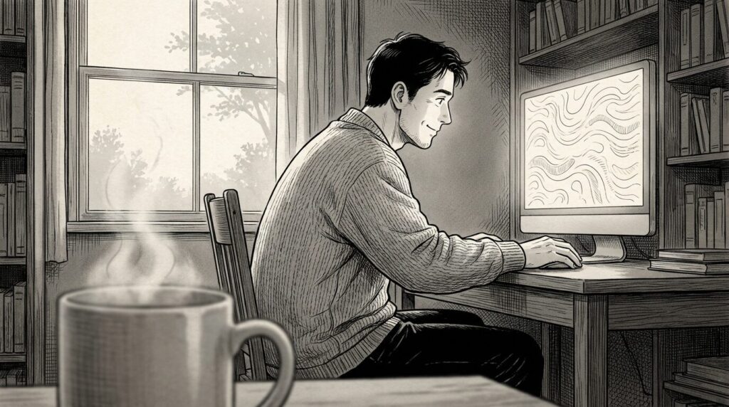 自宅のデスクで朝焼けの光を浴びながらコーヒーを片手に集中してコードを書いている男性の線画イラスト