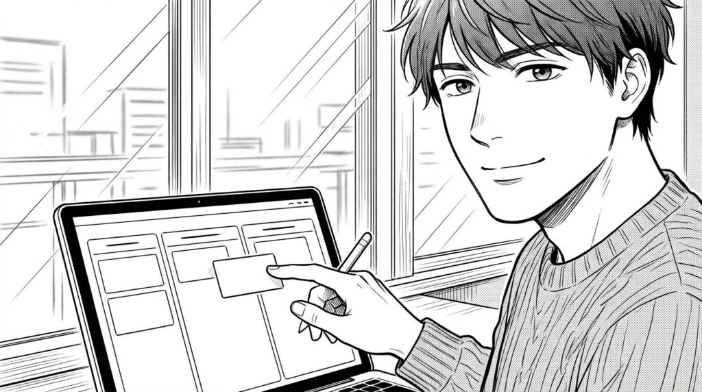 カフェでノートPCを開きNotionでタスク管理をしながら効率的に作業を進めている男性エンジニアの線画イラスト