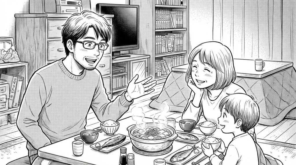リビングで家族と笑顔で食事をしながら副業の目標について話している男性エンジニアの線画イラスト