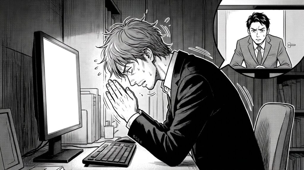 クライアントとのオンラインミーティングでトラブルの状況報告を真剣な表情で行っているエンジニアの線画イラスト