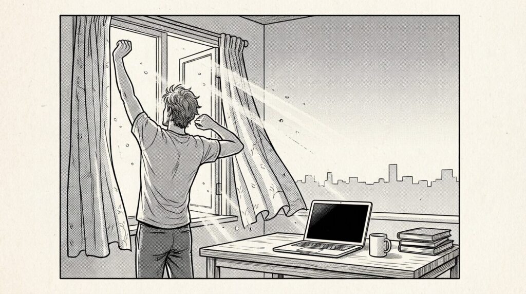 朝の光が差し込む窓辺でノートPCを開き達成感に満ちた表情で空を見上げている男性の線画イラスト