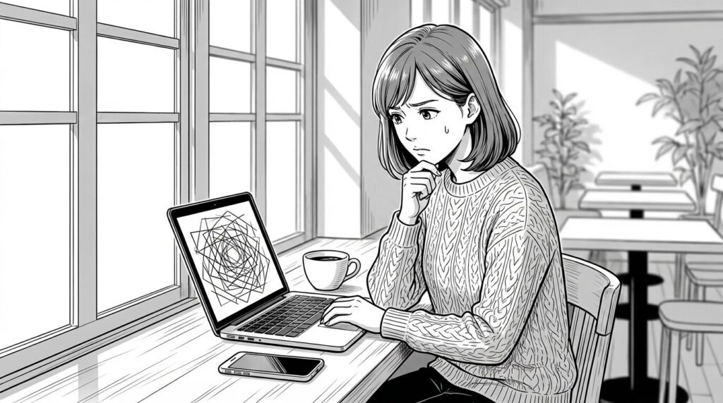 カフェで案件の見積書を作成しながら悩む様子の線画イラスト