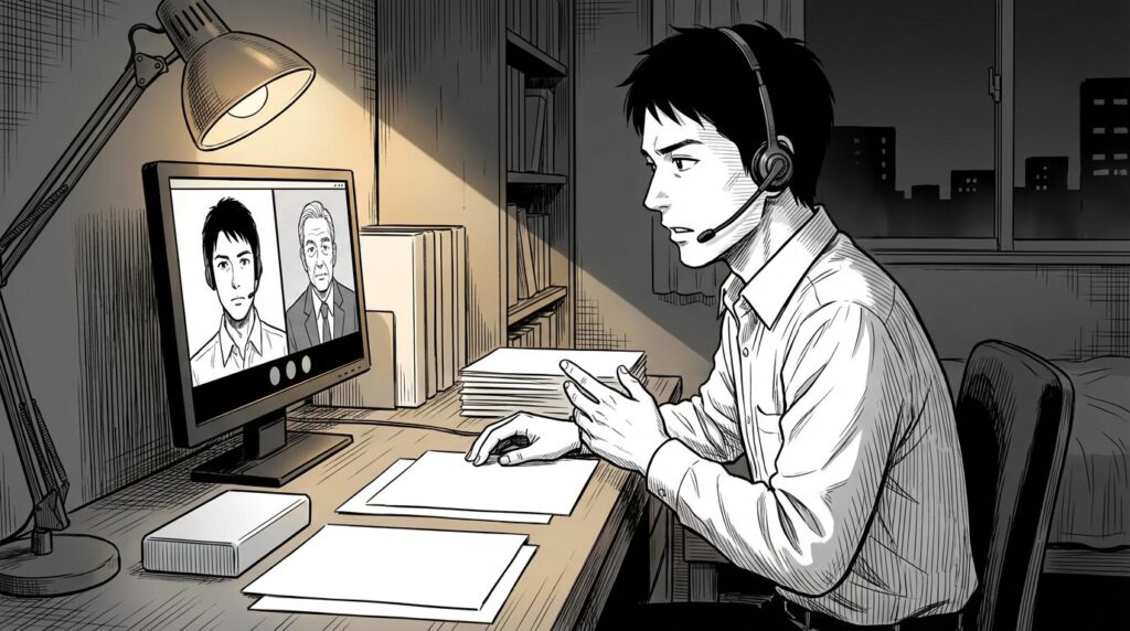 クライアントとオンライン会議で価格交渉をする様子の線画イラスト