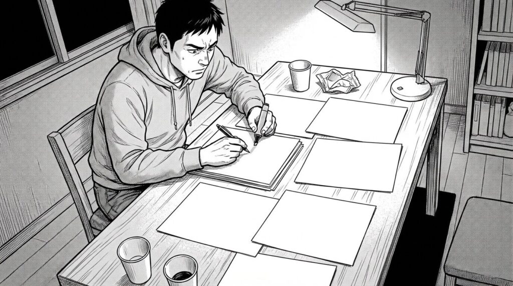 契約書を真剣に読みながらチェックリストを確認する様子の線画イラスト