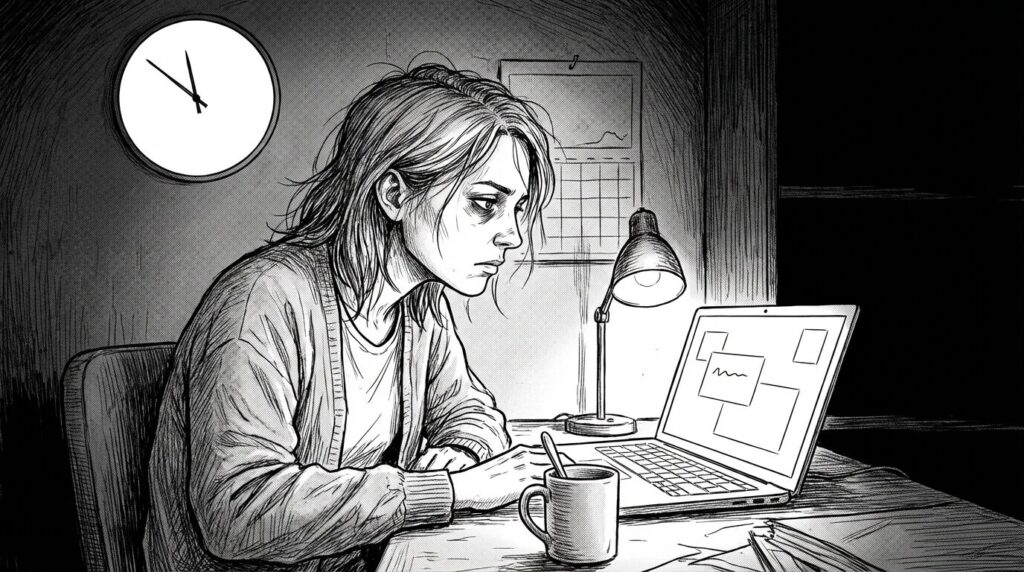 深夜にクライアントへ進捗報告のメールを書く様子の線画イラスト