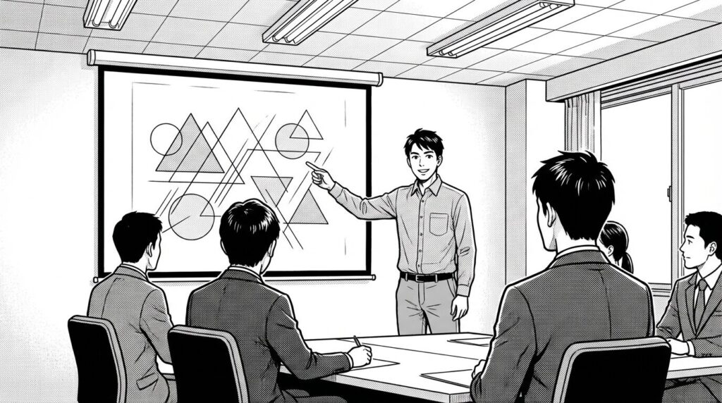 クライアント先でプレゼンテーション資料を見せながら提案する様子の線画イラスト