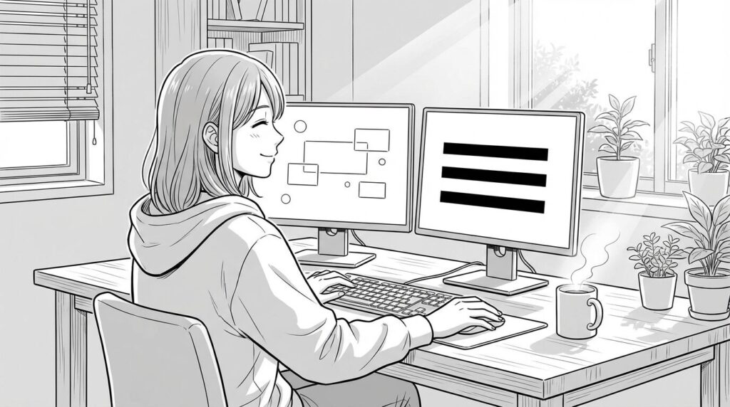 自宅のデスクで複数のプロジェクトを管理しながら充実した表情で作業する様子の線画イラスト