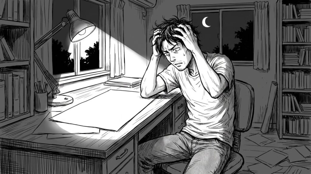 自宅の書斎で、契約書を見ながら頭を抱えている30代前半男性の線画イラスト