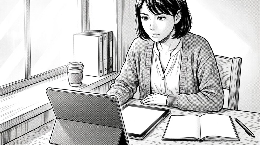 カフェの窓際席で、タブレットで著作権に関する資料を調べている20代後半女性の線画イラスト