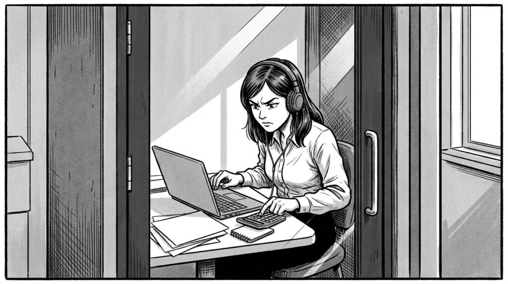 コワーキングスペースの個室で、確定申告の書類を見ながら電卓を叩いている30代前半女性の線画イラスト