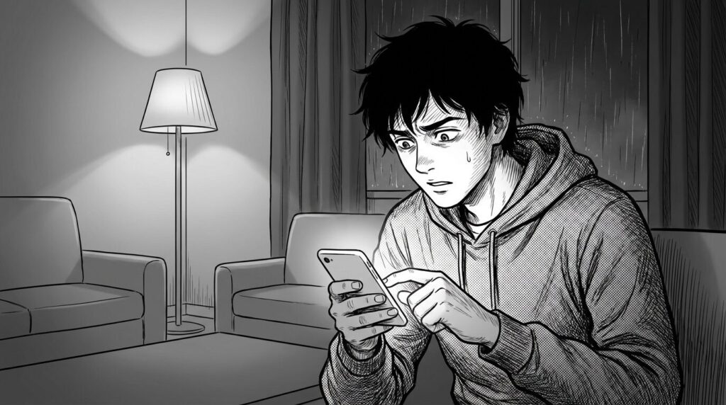 自宅のリビングで、スマートフォンでクライアントにメッセージを送っている20代後半男性の線画イラスト