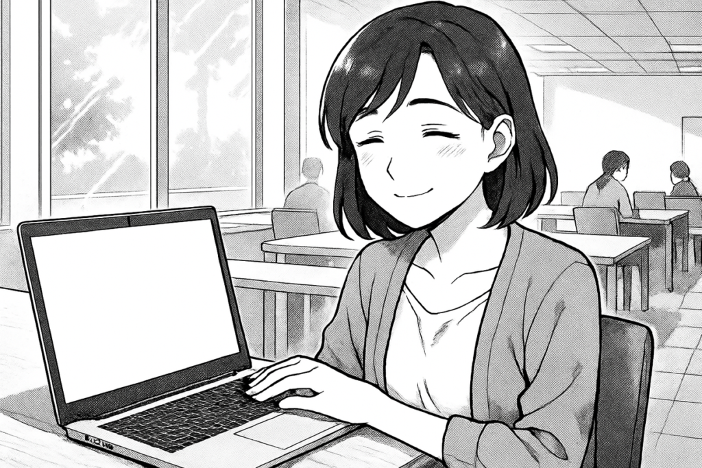 コワーキングスペースの共有デスクで、ノートパソコンを見ながら安心した表情で微笑んでいる30代前半女性の線画イラスト