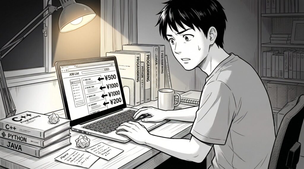 自宅のデスクでクラウドソーシングの画面を見ながら低単価案件に応募している20代男性