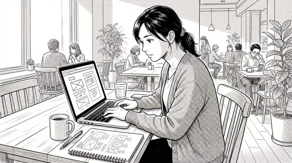 カフェでノートパソコンを開き、ポートフォリオサイトのデザインを考えている30代女性