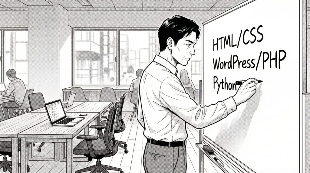 コワーキングスペースでホワイトボードにプログラミング言語の選択肢を書き出している40代男性