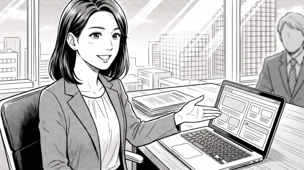 オフィスの会議室でクライアントにポートフォリオを見せながら説明している30代女性