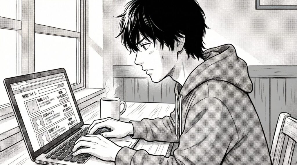 カフェでノートパソコンを開き、エージェントサイトで案件を探している20代男性
