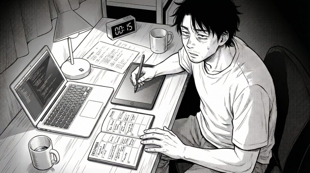 疲れた表情、ノートパソコンで副業のコーディング作業をしながらカレンダー(スケジュール帳)で納期を確認している