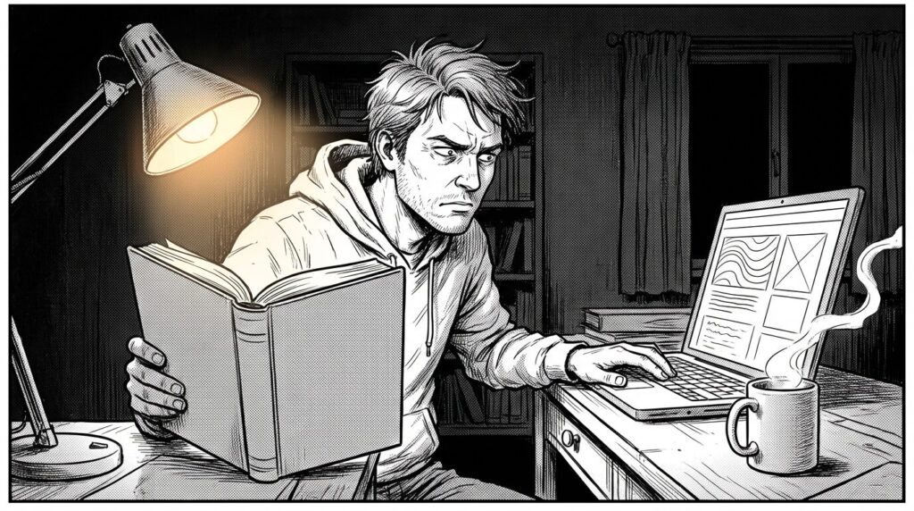 深夜の自室で参考書を開きながら模写コーディングに取り組み画面の表示崩れと格闘している男性エンジニアの線画イラスト
