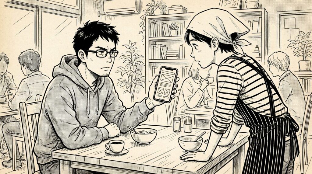 カフェで知人の店長にスマホ画面を見せながら架空のWebサイト改善案を提案している男性の線画イラスト