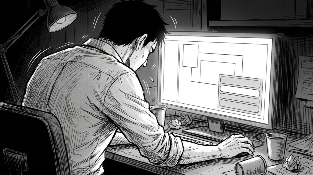 深夜のオフィスで必死に営業メールを送り続けている男性の背中を描いた線画イラスト