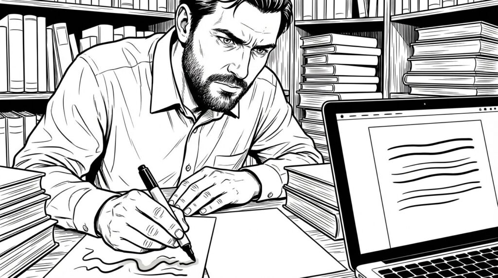 デスクで契約書を入念にチェックし重要事項にマーカーを引いているエンジニアの線画イラスト