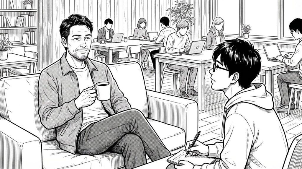 コワーキングスペースで後輩エンジニアからの質問に答えているベテランエンジニアの線画イラスト
