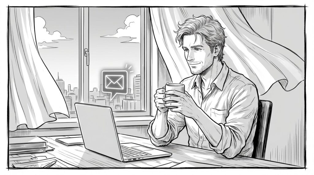 朝の光が差し込む窓辺でノートPCを開き新しい案件の着手を楽しみにしている男性の線画イラスト