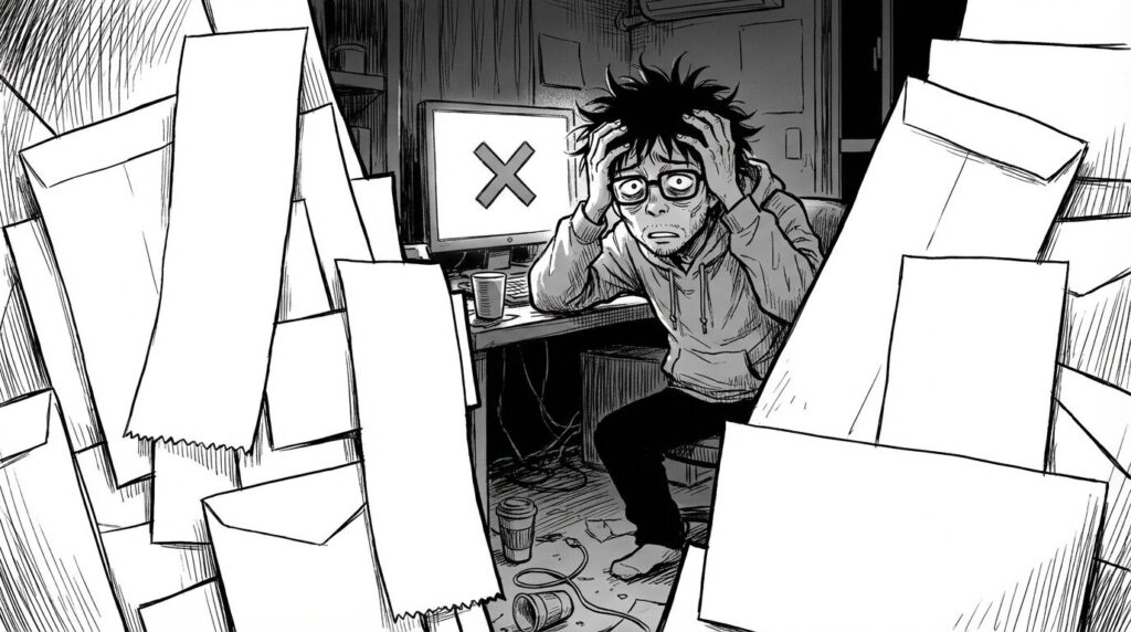 深夜の散らかった部屋でレシートの山とPC画面を見比べて絶望している男性エンジニアの線画イラスト