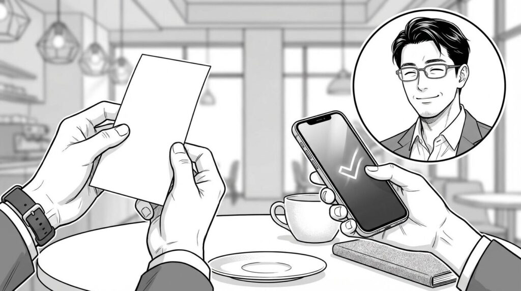 カフェでコーヒーを飲みながらスマホでレシートを撮影し会計アプリで処理している男性エンジニアの線画イラスト