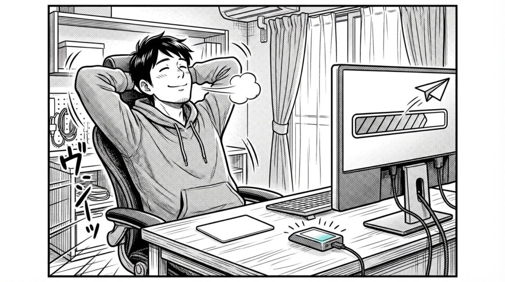 自宅のデスクでマイナンバーカードとスマホを使ってe-Tax送信を行い完了画面を見て安堵している男性の線画イラスト