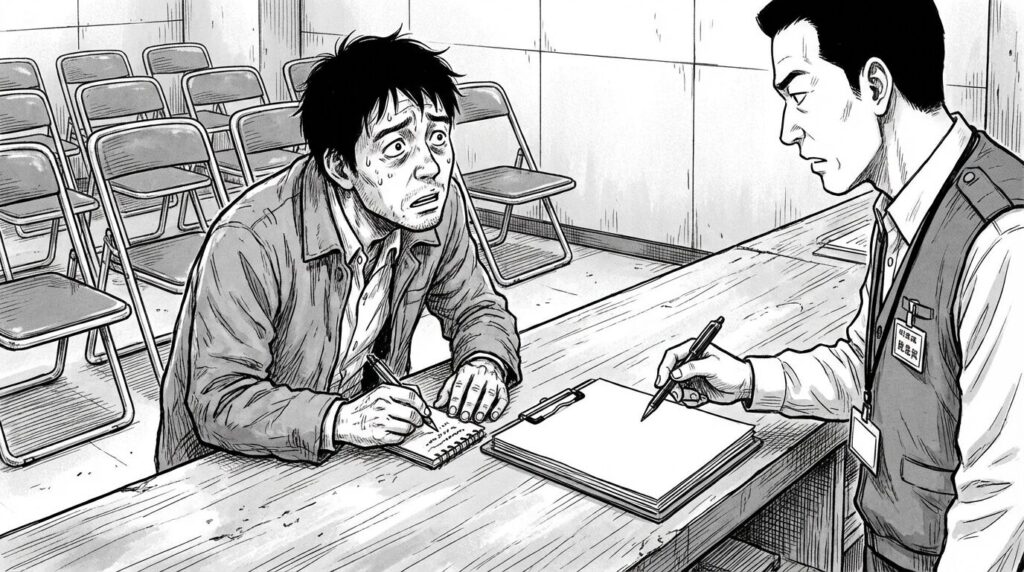 税務署の相談コーナーで職員の話を聞きながら必死にメモを取っているエンジニアの線画イラスト