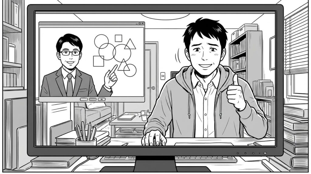 オンラインミーティングで税理士と画面共有をしながら節税のアドバイスを受けている男性の線画イラスト