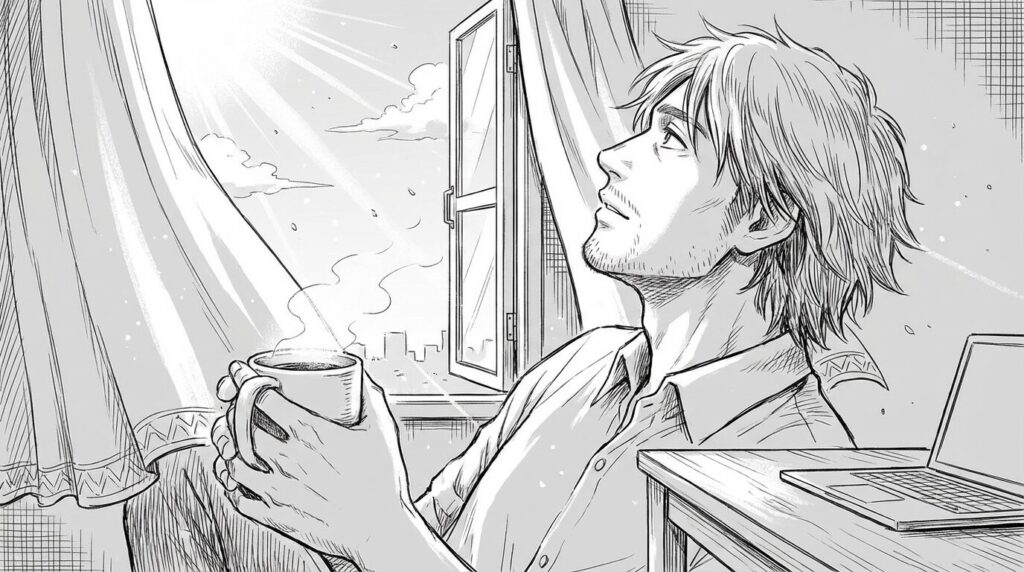 朝の光が差し込む窓辺で確定申告を無事に終えて清々しい表情でコーヒーを飲んでいるエンジニアの線画イラスト
